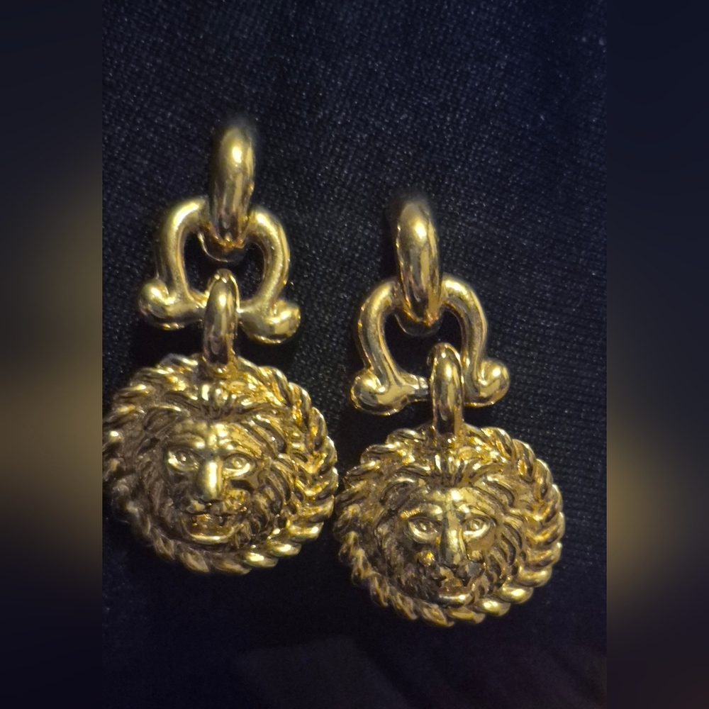 Vintage Anne Klein Gold Lion Medallion Earrings